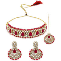 Sukkhi Incredible Drop Shaped Rani Pink Kundan & Beads Choker Necklace Set With Earring And Maangtika | Jewellery Set For Women (NS105633)
