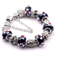 Young & Forever Gift Charismatic Charms Black Murano Glass Crystal Bead Cubic Zirconia Sterling Silver Flower Rose Charm Bracelets for Women/Girls Everyday Fashion Jewelry