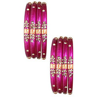 NMII Glass with Zircon Gemstone Or Beads Studded worked Glossy Finished Kada Set For Women and Girls, (Magenta_2.8 Inches), Pack Of 8 Kada Set