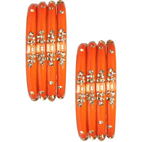 NMII Glass with Zircon Gemstone Or Beads Studded worked Glossy Finished Kada Set For Women and Girls, (Orange_2.8 Inches), Pack Of 8 Kada Set