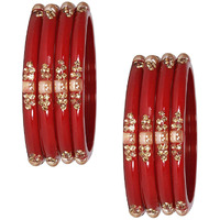 NMII Glass with Zircon Gemstone Or Beads Studded worked Glossy Finished Kada Set For Women and Girls, (Red_2.2 Inches), Pack Of 8 Kada Set
