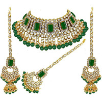 I Jewels 18K Gold Plated Traditional Handcrafted Faux Kundan & Pearl Studded Bridal Choker Necklace Jewellery Set with Earrings & Maang Tikka (IJ401G) For Womens