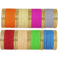 NMII Metal with Base Metal Zircon Gemstone Studded and Spread with Zari Cutting Pattern Glossy Finished Bangle set For Women and Girls, (Multicolour-Design-9 2.4_Inches), Pack Of 146 Bangles