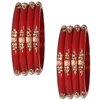 NMII Glass with Zircon Gemstone Or Beads Studded worked Glossy Finished Kada Set For Women and Girls, (Red_2.8 Inches), Pack Of 8 Kada Set