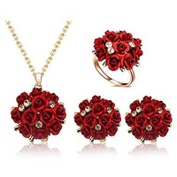 YouBella Jewellery Stylish Gold Plated Floral Necklace Jewellery Set with Earrings and Ring for Women and Girls (Red)