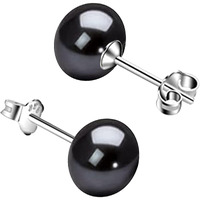 SIVYAA Fresh Water Pearl Earrings Set | Pure 925 Sterling Silver | High Lustre Black Button Shape Real Pearl Studs| Gift Item for Women & Girls | 6 Month Warranty, Size 9 mm