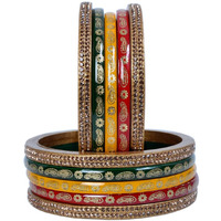 Snehlata Creations Traditional Rajasthani Beautiful Multicolor Lac Lakh Bangle Set For Women and Girls | Jaipuri Chudi Set | Red Yellow Green Golden Bangles | Set of 10