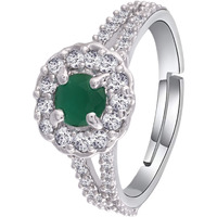 I Jewels Silver Plated Elegant Emerald Stone Studded CZ American Diamond Adjustable Finger Ring For Women (FL175G)
