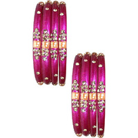 NMII Glass with Zircon Gemstone Or Beads Studded worked Glossy Finished Kada Set For Women and Girls, (Magenta_2.2 Inches), Pack Of 8 Kada Set