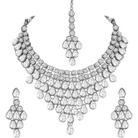 Peora Ethnic Indian Traditional Kundan Dulhan Bridal Jewellery Set with Earring Maang Tikka for Women Girls (Rhodium-White)