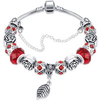 Young & Forever Gift Charismatic Charms Red Murano Glass Beads Bracelets for Women Fashion Silver Plated Cubic Zirconia Revival Leaf Charm Bracelet for Girls