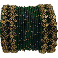 Yaalz Womens Silk Thread Rich Kundan Work With Metal Mix Heavy Bangle Set/Wedding Chuda In Dark Pine Green Colors