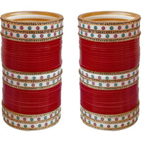 Lucky Jewellery Bridal Bangle Set Wedding Punjabi chuda Designer chura Non-Precious Metal CZ Stone Red Color choora Set for Women (792-M1C1-LEENA-R24)