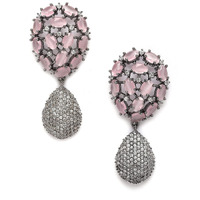 ZENEME Rhodium-Plated Gunmetal Toned American Diamond Teardrop Shaped Drop Earrings For Women & Girls