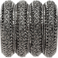 ZENEME Set Of 4 Oxidised Silver-Plated Classic Intricate Textured Bangles Jewellery Set for Girls and Women (Silver Toned, 2.4) (Black, 2.6)