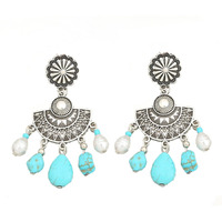 Young & Forever Gift Oxidised Sterling Silver Black Metal Fashion Korean Western Drop Earrings for Women Hanging Birthday Marriage Anniversary Gift Earing for Wife Blue Turquoise Stone Statement Girls