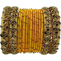 Yaalz Silk Thread Heavy Rich Kundan Stone Worked Beautiful Fancy Designer Festival Wear Wedding Chuda Bangle Sets For Women Girls In Yellow_&_Gold Color