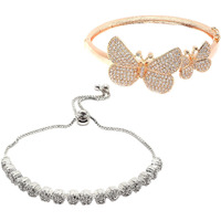ZENEME Rose Gold-Plated White American Diamond Studded Round & Butterfly Shaped Set Of 2 Openable & Adjustable Bracelet For Women & Girl