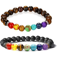 Young & Forever Gift 7 Chakra Unisex Adult Bracelet original set of 2 Lava Rock and Tiger Eye