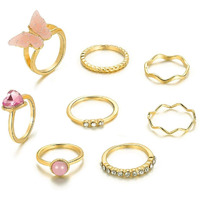 Jewels Galaxy Jewellery For Women Gold Plated Pink Stone Studded Butterfly Stackable Rings Set of 8 (JG-PC-RNGH-986)