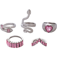 Jewels Galaxy Jewellery For Women Silver Plated Pink Stone Studded Heart-Snake inspired Stackable Rings Set of 5 (JG-PC-RNGH-991)