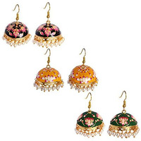 Adorn Combo of 3 Multicolor Meena Enamel Jhumas for Womens JMC-11Y-15E-18BK