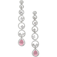 Zeneme Oxidised Silver-Plated American Diamond studded Circular Shaped Drop Earrings (Pink)