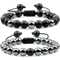 Couple Beads Long Distance Bracelets with Natural Stones and Healing Properties - His & Hers Matching Set. (Shadow Steel Bracelets (Onyx + Hematite))