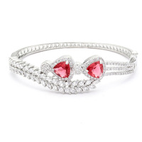 ZENEME Bracelet Rhodium-Plated Silver Toned Red American Diamond Studded Teardrop With Leaf Shaped Openable Kada Bracelet For Women and Girls