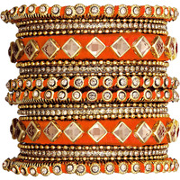 Peora Orange Silk Thread Kundan Chuda Chura Bangle Set For Women and Girls (Size - 2.6) Width - 6.6