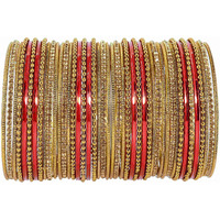 NMII Non-Precious Metal with Base Metal Zircon Gemstone Studded Glossy Finished Ballchain Linked Gold Plated Cutting Pattern Bangle set for Women and Girls, (D-Red _2.4 Inches), Pack Of 44 Bangles