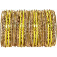 NMII Non-Precious Metal with Base Metal Zircon Gemstone Studded Glossy Finished Ballchain Linked Gold Plated Cutting Pattern Bangle set for Women and Girls, (D-Yellow _2.4 Inches), Pack Of 44 Bangles