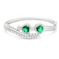 ZENEME Bracelet Rhodium-Plated Silver Toned Emerald Green American Diamond Studded Teardrop With Leaf Shaped Openable Kada Bracelet For Women and Girls