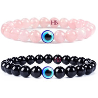 Hot And Bold Unisex Adult Natural Stone Bead Evil Eye Couple Combo Bracelet Set With Certificate - Embrace Harmony, Protection, And Positive Energy Together (Rose Quartz & Black Tourmaline)