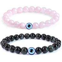 Young & Forever Gift Dvine Evil Eye Beaded Bracelet for Men Onyx Stone Rose Quartz Matching Couples Bracelets Set of 2 for Long Distance Relationships for Best Friends Lovers