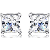LaBling 925 Sterling Silver Square Stud Earrings Princess Cut Cubic Zirconia Tops for Men, Women, Boys and Girls - Silver 6mm