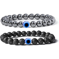 Young & Forever Gift Valentine Gift Evil Eye Bracelet For Men Beaded Bracelets Diffuser Lava & Weight Loss Hematite Beads Bracelet For Women Long Distance Relationships Couples Gift Bracelets Set Of 2