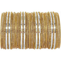 NMII Non-Precious Metal with Base Metal Zircon Gemstone Studded Glossy Finished Ballchain Linked Gold Plated Cutting Pattern Bangle set for Women and Girls, (D-White _2.8 Inches), Pack Of 44 Bangles