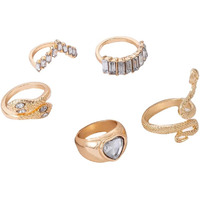 Jewels Galaxy Jewellery For Women Gold Plated Gold-Toned Heart-Snake inspired Stackable Rings Set of 5 (JG-PC-RNGH-990)