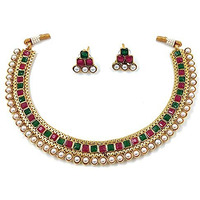 Peora Traditional Gold Plated Red Green Studded Traditional Choker Necklace Jewellery Set for Women Girls