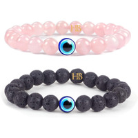 Hot And Bold Multilayered Couple Evil Eye Beads Combo Bracelet Set. Embrace Harmony, Protection, and Positive Energy Together for Him & Her. (Celestial Combo Bracelet (Rose Quartz & Lava))