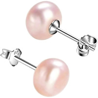 SIVYAA Fresh Water Pearl Earrings Set | Pure 925 Sterling Silver | High Lustre Pink Button Shape Real Pearl Studs| Gift Item for Women & Girls | 6 Month Warranty, Size 7 mm
