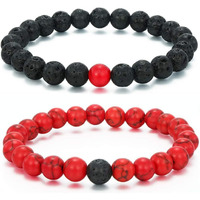 Couple Beads Long Distance Bracelets with Natural Stones and Healing Properties - His & Hers Matching Set. (Crystal Harmony Bracelet (Red Turquoise + Lava Stone))