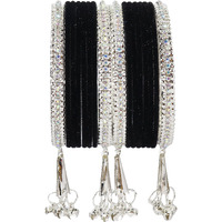 NMII Metal with Zircon Gemstone and Velvet Studded Bells Latkan Bangles Set For Girls and Women I Latkan Bangles, Premium Bangle Bracelet Set (Silver-Black-2.4 Inches), Pack Of 16