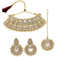 Sukkhi Delightful Trendy Gold Plated White Kundan & Beads Choker Necklace Set With Earring And Maangtika | Jewellery Set For Women (NS105576)