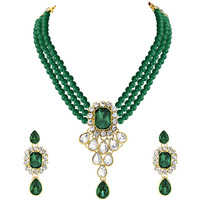 Peora Gold Plated Crystal Kundan Necklace with Drop Earrings Jewellery Set for Girls & Women (Green)