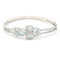 ZENEME Bracelet Silver Toned Rhodium-Plated Lime Green American Diamond Studded Charming Floral Openable Kada Bracelet For Women & Gift For Girls