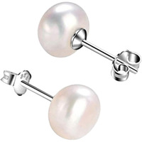 SIVYAA Fresh Water Pearl Earrings Set | Pure 925 Sterling Silver | High Lustre White Button Shape Real Pearl Studs| Gift Item for Women & Girls | 6 Month Warranty, Size 7 mm