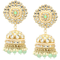 ZENEME Gold-Plated Kundan & Pearls studded Flower Shaped Vilandi Jhumka Earrings For Women & Girls
