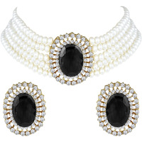 Peora Gold Plated Oval Black Stone Beaded Adjustable Necklace Jewellery Set for Women